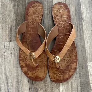 Tory Burch Tan Logo Flip Flops